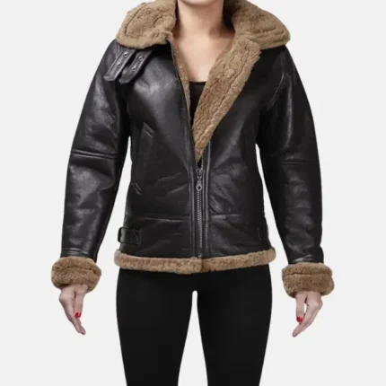 Ginger Fur Aviator Hooded Sheepskin Flying Brown Leather Jacket