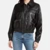 Womens Black Leather Bomber With Spread Collar