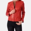 Red Leather Lambskin Moto Bomber Biker Jacket