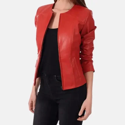 Red Leather Lambskin Moto Bomber Biker Jacket