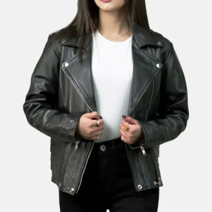 Vintage Black Leather Biker Jacket with Notch Collar