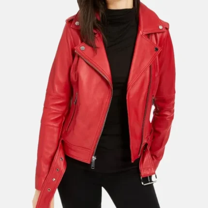 Vintage Red Leather Biker Jacket Women with Notch Collar