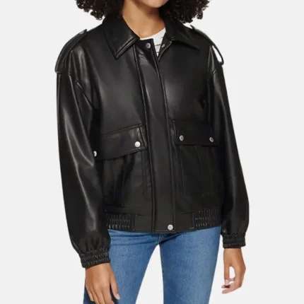 Women Black Leather Bomber Jacket