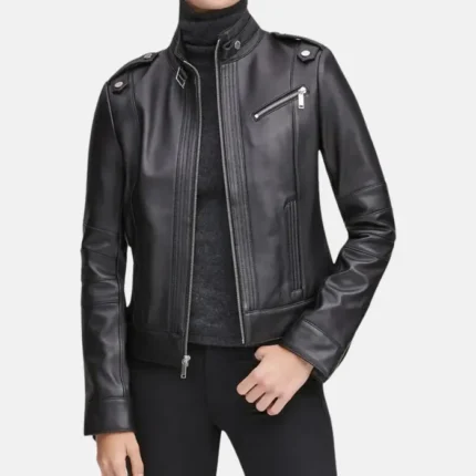 Women Black Stand Collar Leather Motercycle Jacket