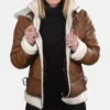 Women Fur Shearling Aviator Pilot Leather Hooded Jacket