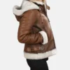 Women Fur Shearling Aviator Pilot Leather Hooded Jacket