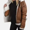 Women Fur Shearling Aviator Pilot Leather Hooded Jacket