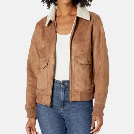 Women Leather Sherpa Aviator Bomber Jacket