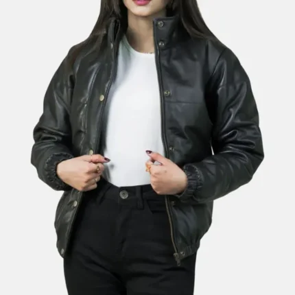 Women Luxurious Black Puffer Leather Jacket