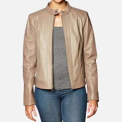 Women Quilted Cole Haan Leather Racer Jacket