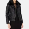 Women Removable Faux Fur Trim Moto Leather Jacket