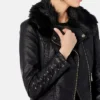 Women Removable Faux Fur Trim Moto Leather Jacket