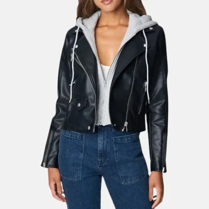 Women Vegan Moto Leather Jacket With Removable Hood