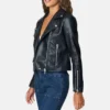 Women Vegan Moto Leather Jacket With Removable Hood