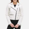 Women Vintage White Motorcycle Leather Jacket