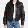 Womens Black Leather Bomber With Spread Collar