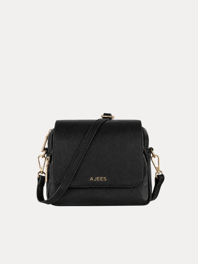 AJEES Black Textured Sling Crossbody Bag for Women – Genuine Leather Adjustable Strap Purse