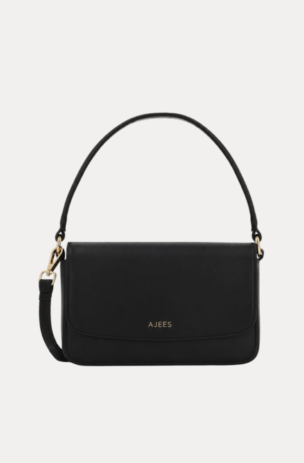 AJEES Black Handbag with Adjustable Crossbody Strap and Flap Closure