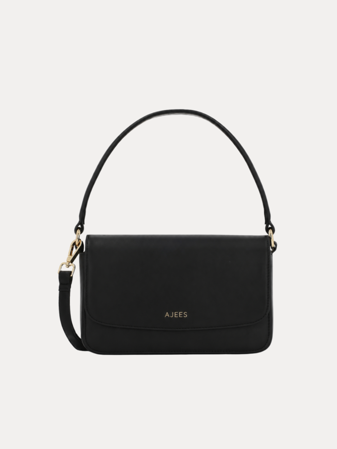 AJEES Black Handbag with Adjustable Crossbody Strap and Flap Closure