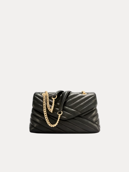Black Quilted Leather Chain Women Bag with Gold Chain Strap