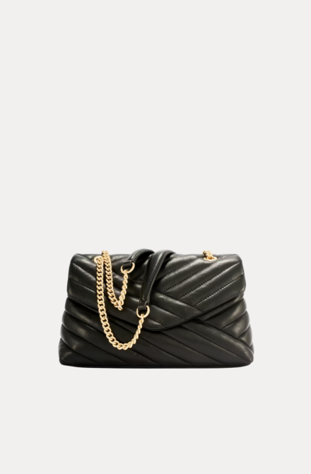 Black Quilted Leather Chain Women Bag with Gold Chain Strap