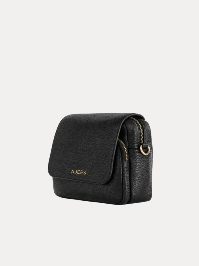 AJEES Black Textured Sling Crossbody Bag for Women – Genuine Leather Adjustable Strap Purse