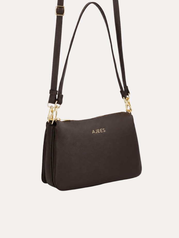 "AJEES Black Leather Crossbody Sling Bag for Women – Adjustable Strap, Gold Hardware, Zipper Closure Handbag"
