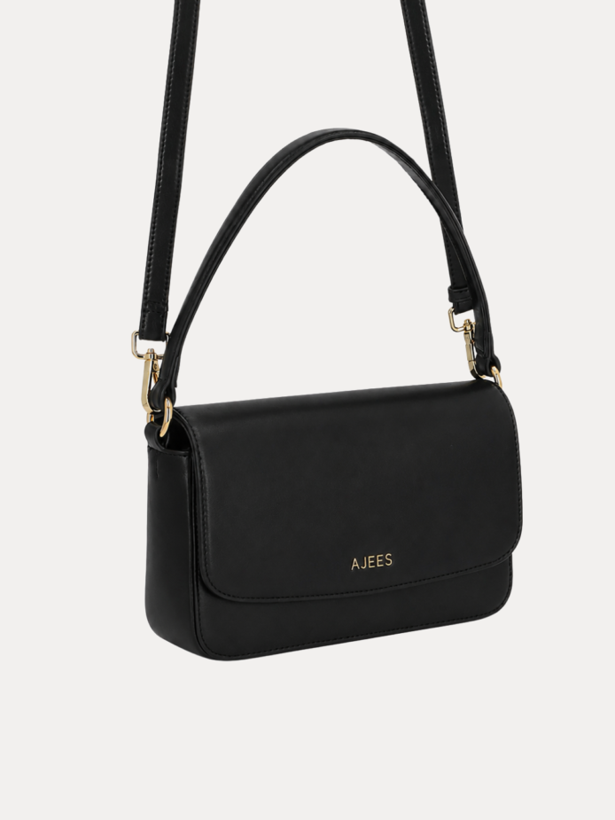 AJEES Black Handbag with Adjustable Crossbody Strap and Flap Closure