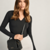AJEES Black Textured Sling Crossbody Bag for Women – Genuine Leather Adjustable Strap Purse