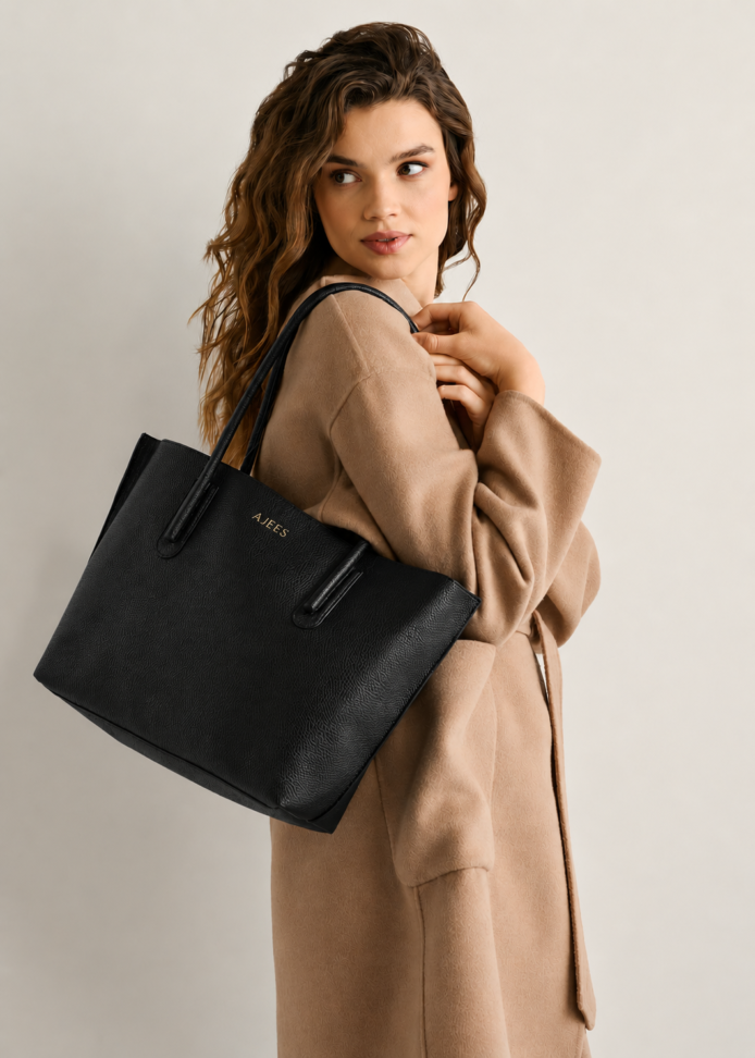 LUMA Women's Black Textured Tote Bag – Spacious Handbag with Dual Handles
