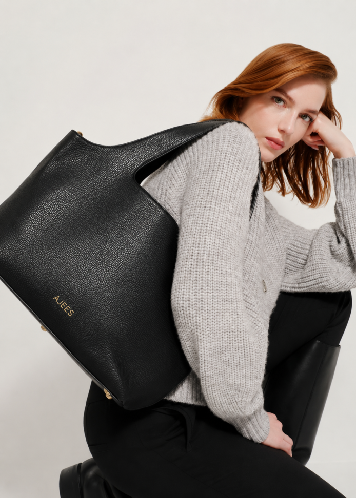 SLEEK Women's Black Shoulder Hobo Bag – Adjustable Crossbody Strap with Gold Buckle