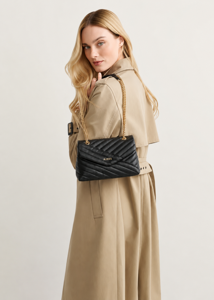Black Quilted Leather Chain Women Bag with Gold Chain Strap