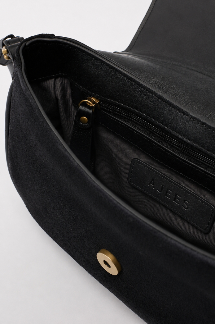 AJEES black velvet shoulder bag with leather strap and gold-tone hardware