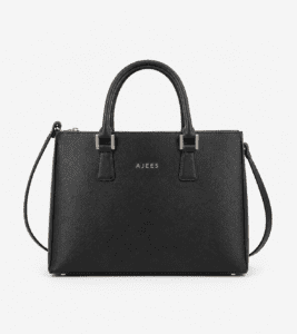 AJEES medium leather handbag for women in cognac brown color with gold hardware and premium textured leather finish