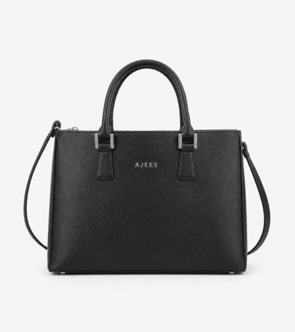 AJEES medium leather handbag for women in cognac brown color with gold hardware and premium textured leather finish