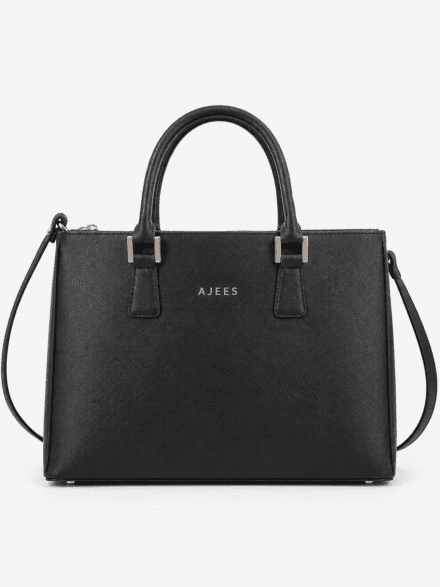 AJEES medium leather handbag for women in cognac brown color with gold hardware and premium textured leather finish