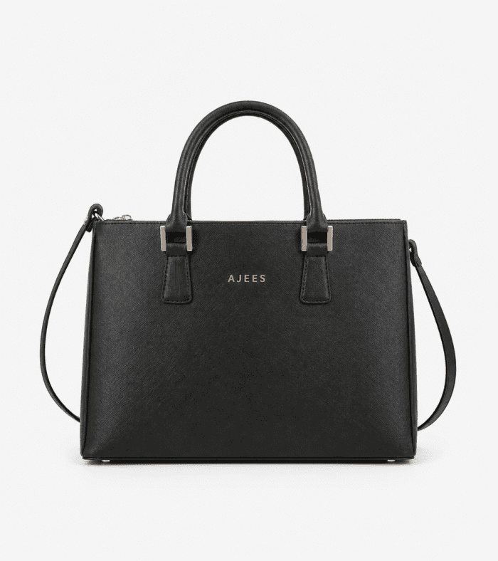 AJEES medium leather handbag for women in cognac brown color with gold hardware and premium textured leather finish