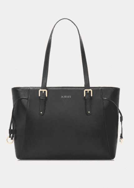 AJEES premium black leather tote bag for women with luxury shoulder strap design on white background