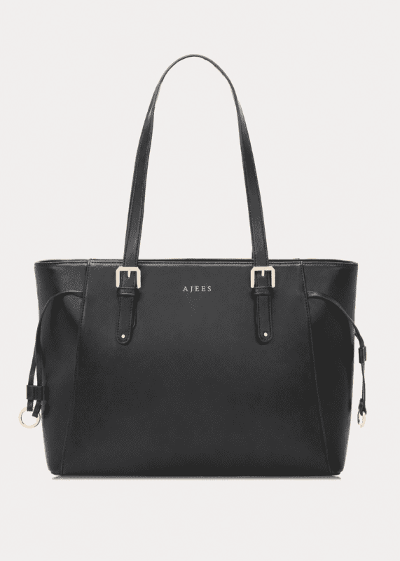 AJEES premium black leather tote bag for women with luxury shoulder strap design on white background