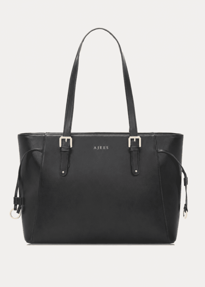 AJEES premium black leather tote bag for women with luxury shoulder strap design on white background