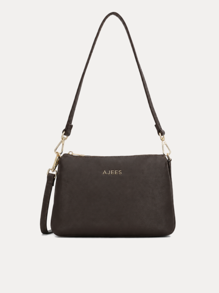 "AJEES Black Leather Crossbody Sling Bag for Women – Adjustable Strap, Gold Hardware, Zipper Closure Handbag"