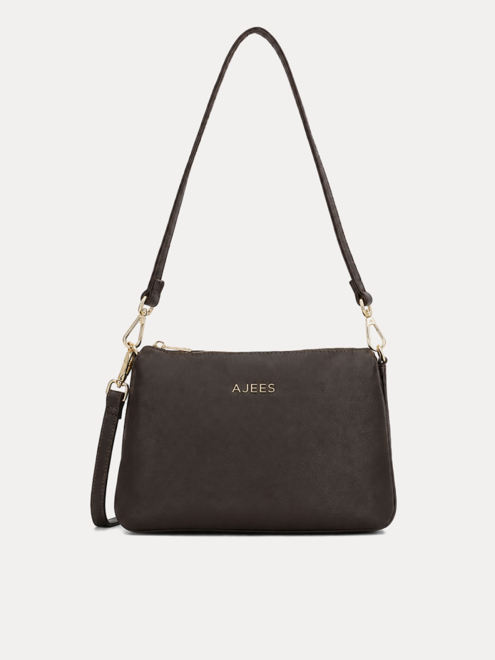 "AJEES Black Leather Crossbody Sling Bag for Women – Adjustable Strap, Gold Hardware, Zipper Closure Handbag"