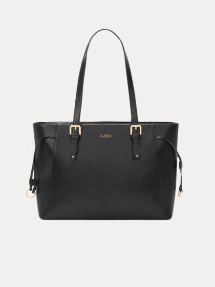"Elegant Women's black tote bag with gold buckle straps and side lace detail"