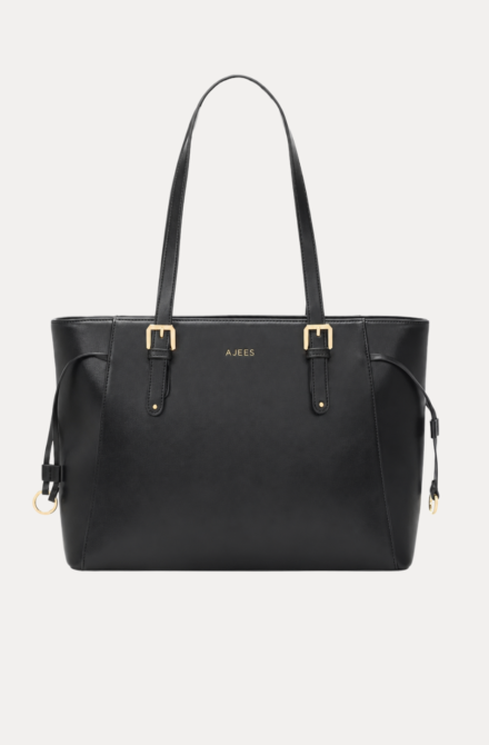 "Elegant Women's black tote bag with gold buckle straps and side lace detail"