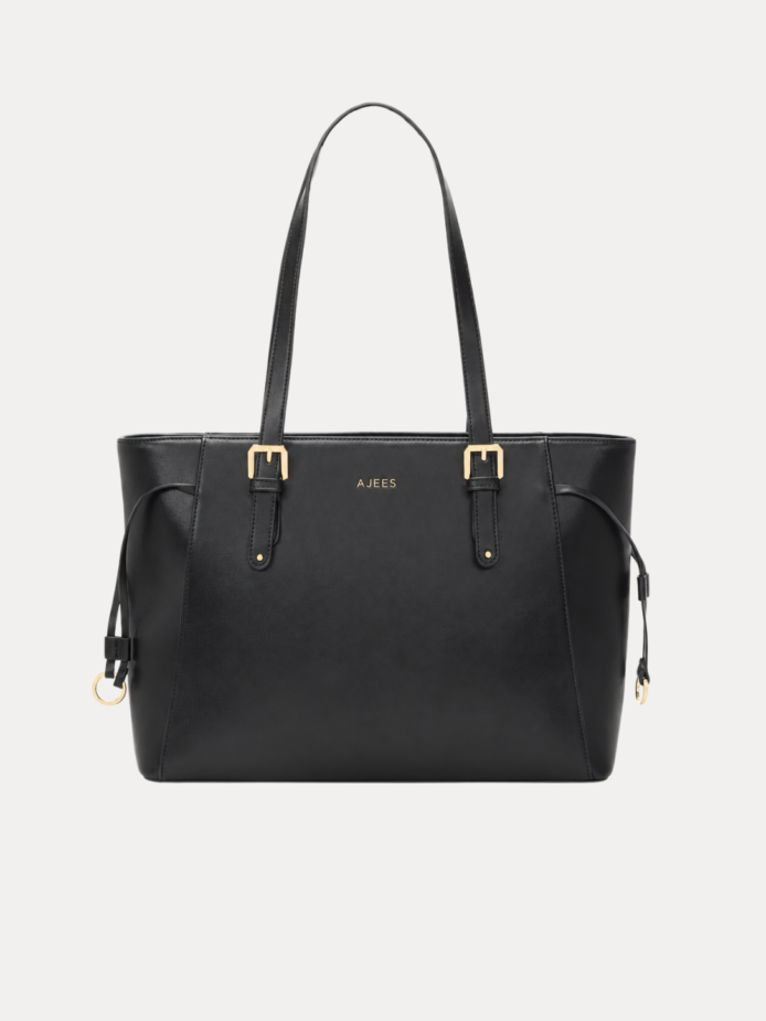 "Elegant Women's black tote bag with gold buckle straps and side lace detail"