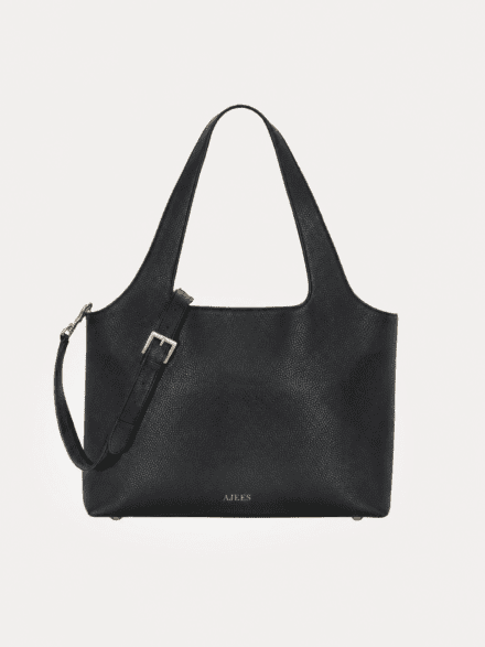 AJEES luxury black leather tote bag for women with gold hardware and adjustable shoulder strap