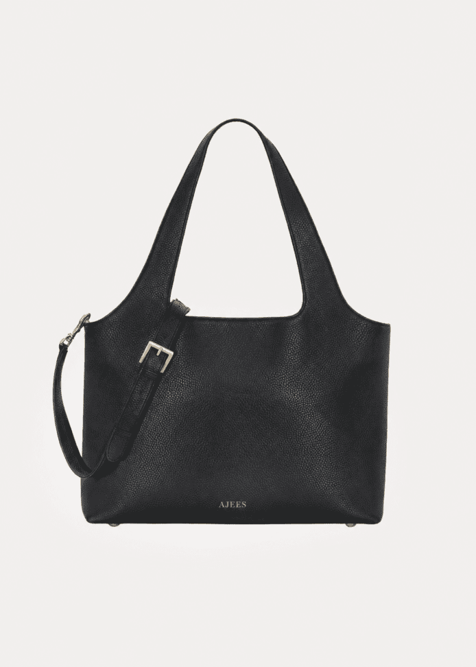AJEES luxury black leather tote bag for women with gold hardware and adjustable shoulder strap