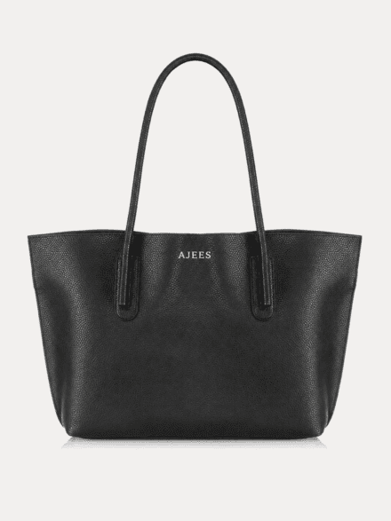 AJEES Black Leather Tote Bag for Women with Premium Pebbled Leather Texture and Shoulder Straps