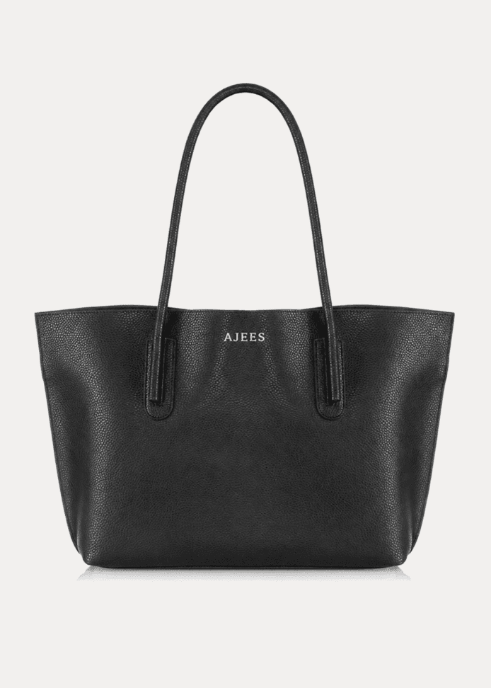 AJEES Black Leather Tote Bag for Women with Premium Pebbled Leather Texture and Shoulder Straps