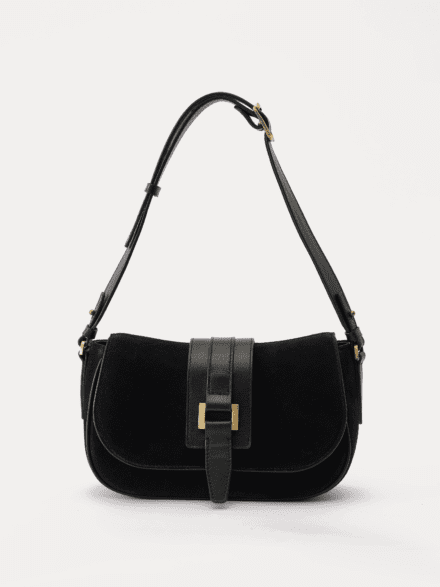 AJEES black velvet shoulder bag with leather strap and gold-tone hardware